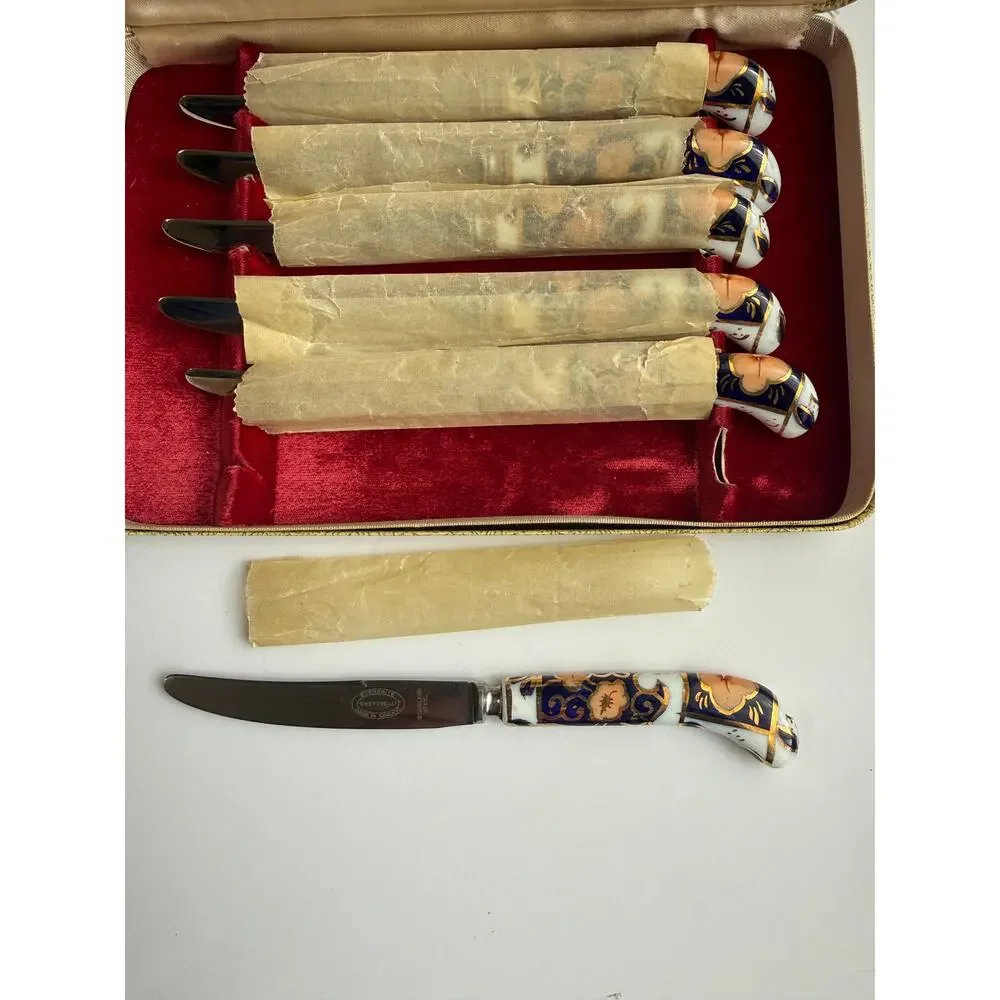 VTG Imari Style Floral Sheffield Everbrite Stainless Knives-Set of 6 in Case